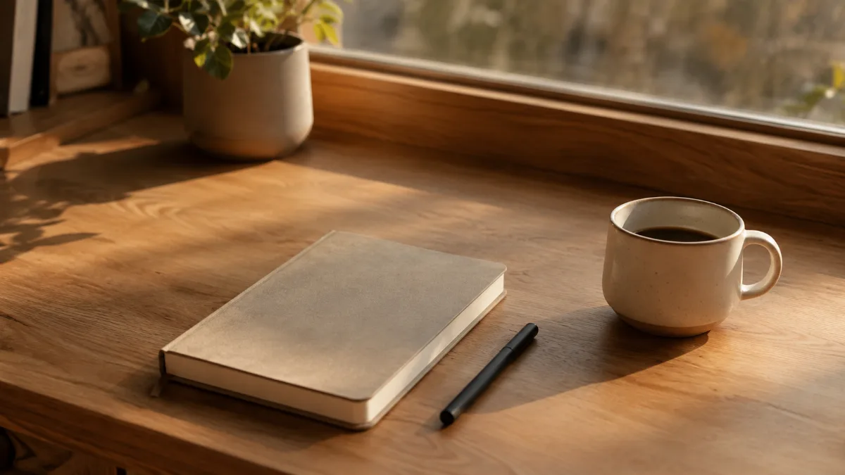 Clean wooden desk by a window with a notebook, pen and a cup of coffee