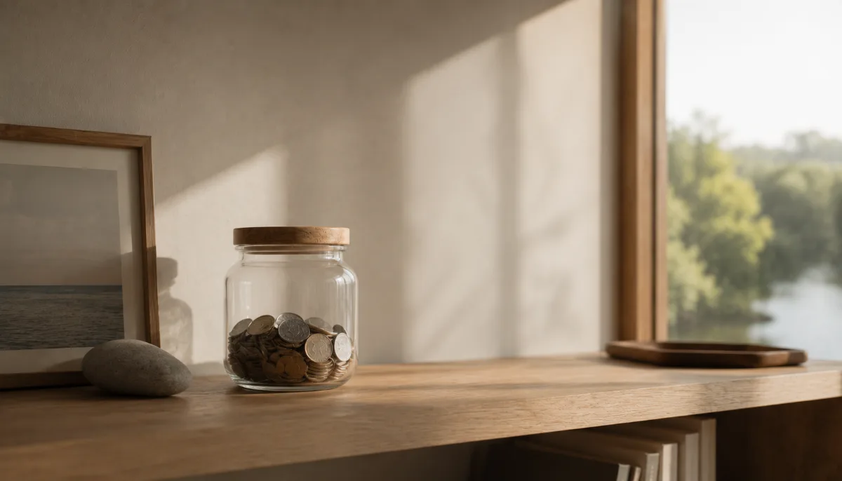 Glass jar of saved coins on a wooden shelf