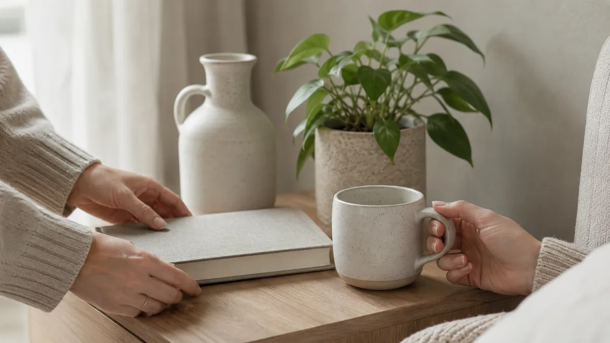 Calm styled corner with a plant, a book and a mug