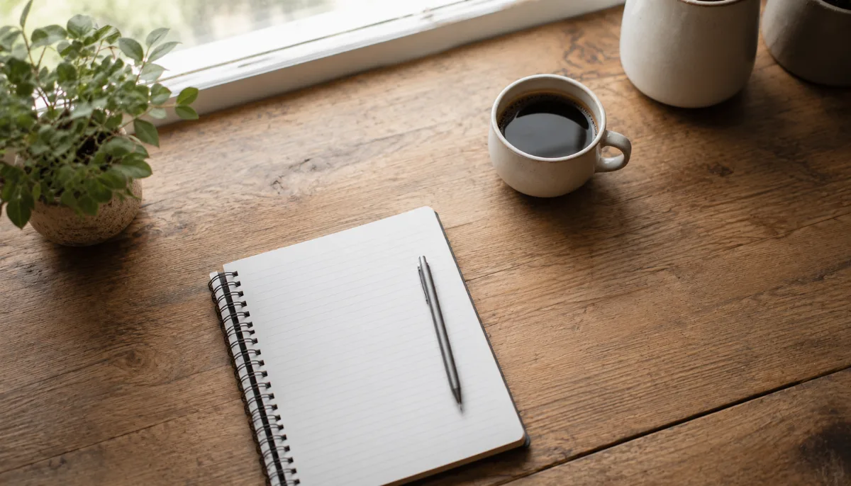Clean wooden desk by a window with a notebook, pen and a cup of coffee