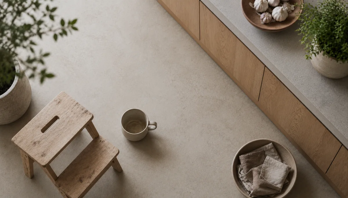 Calm family kitchen corner with a small step stool