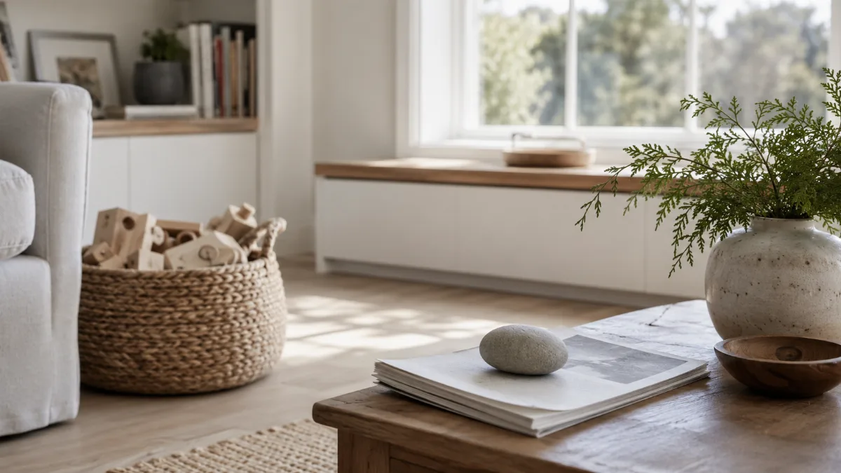 Tidy family room with a basket of wooden toys