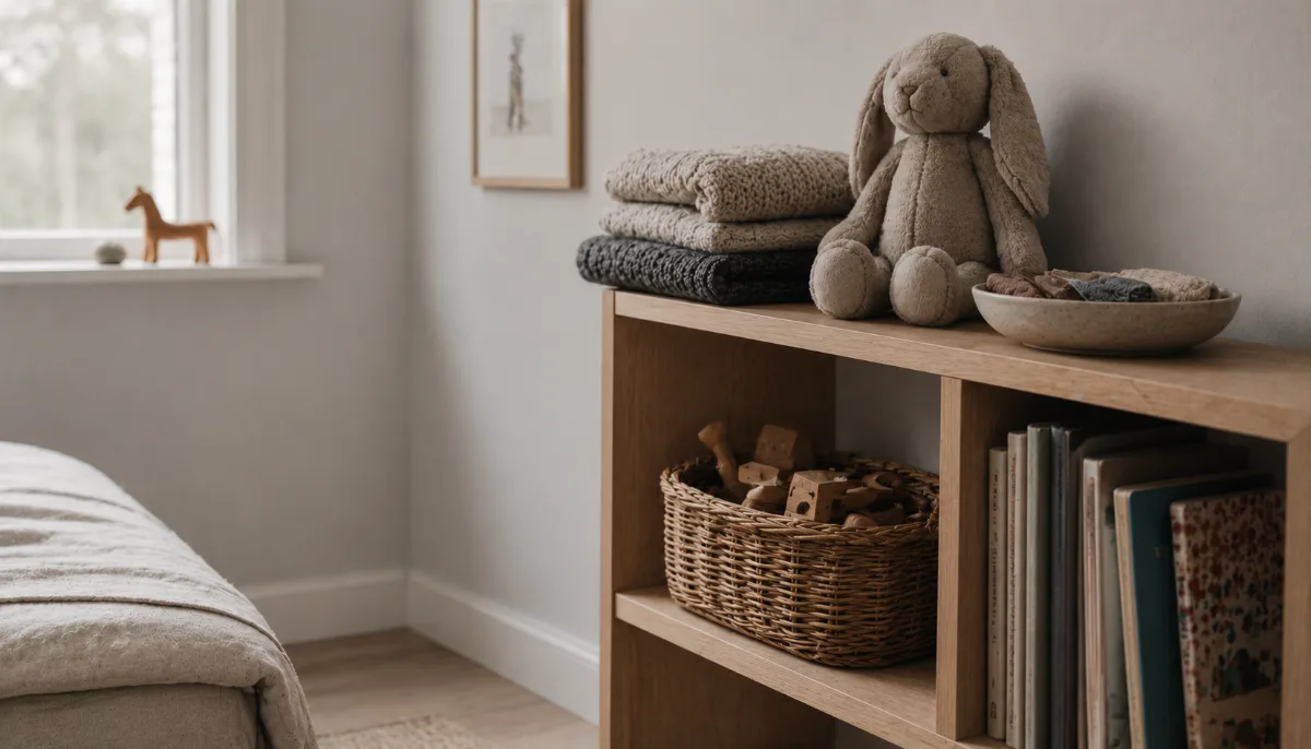 Simple child's room with folded blankets and a soft toy