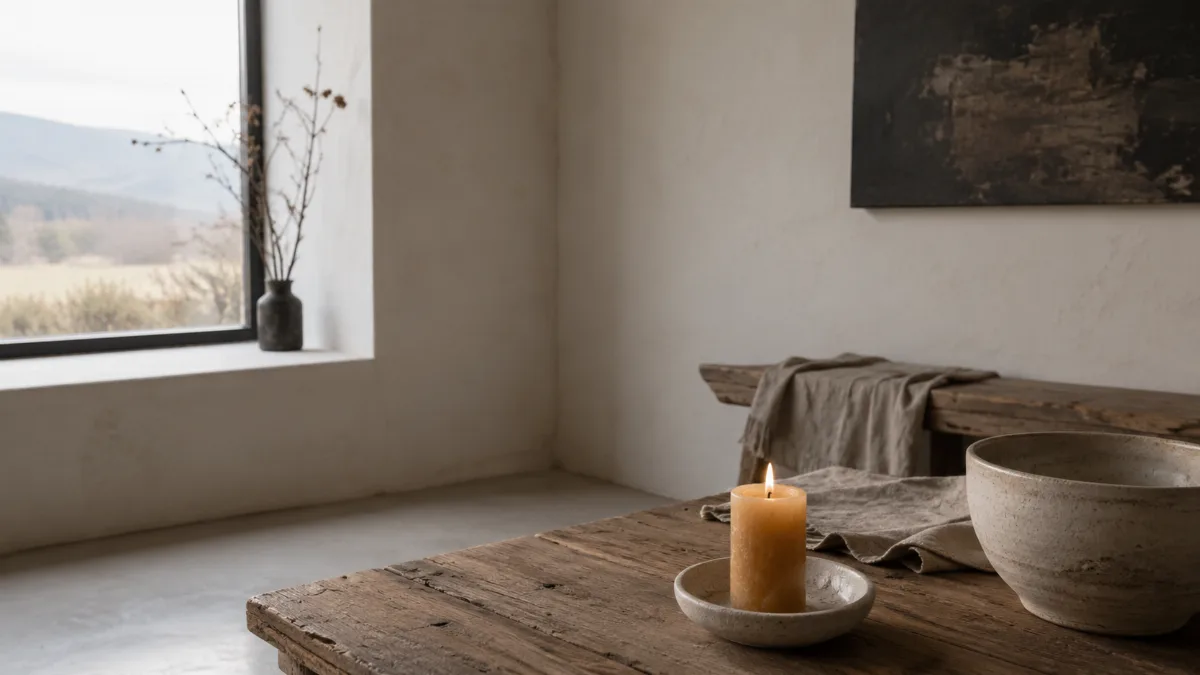 Calm minimalist interior with natural light and a few simple objects