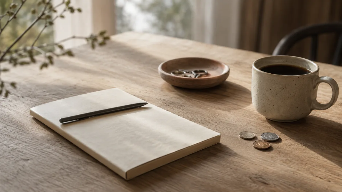 Kitchen table with a plain notebook, a few coins and a cup of coffee