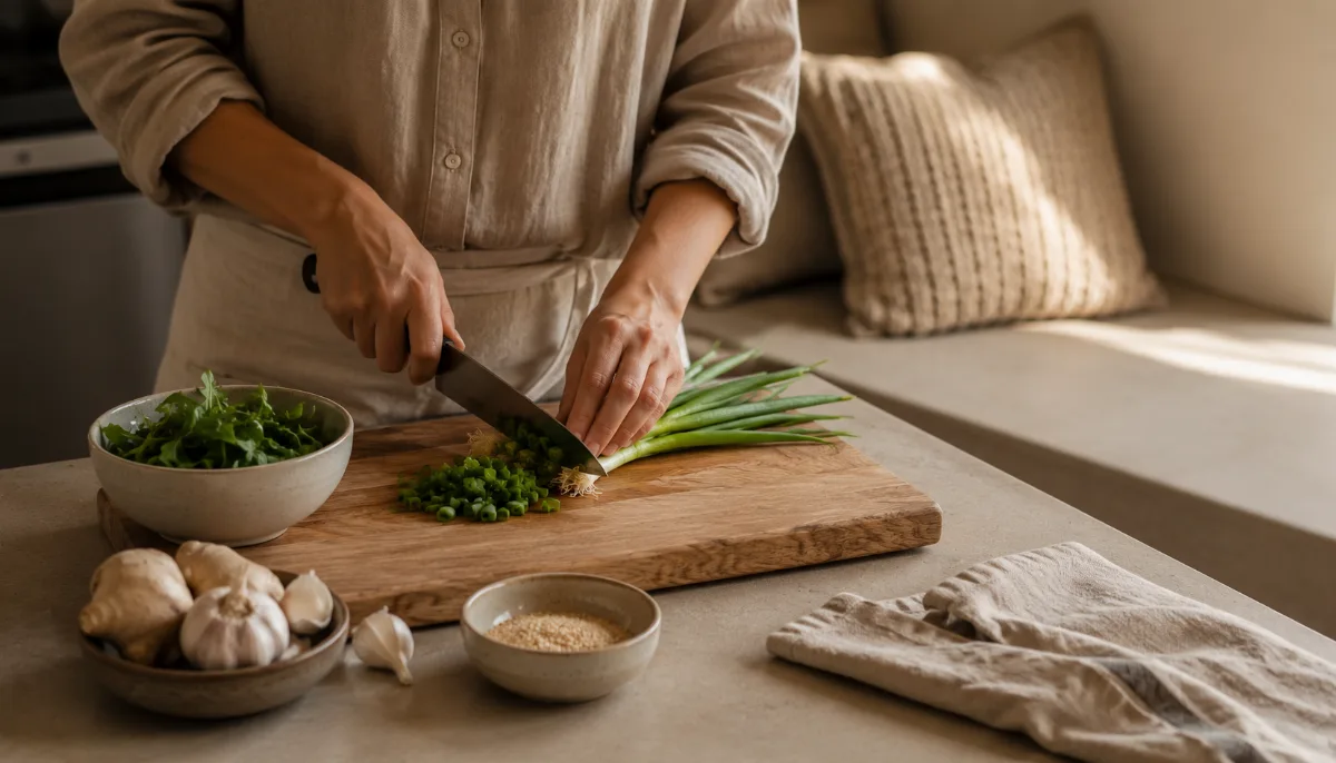 Simple kitchen counter with fresh ingredients and a wooden board