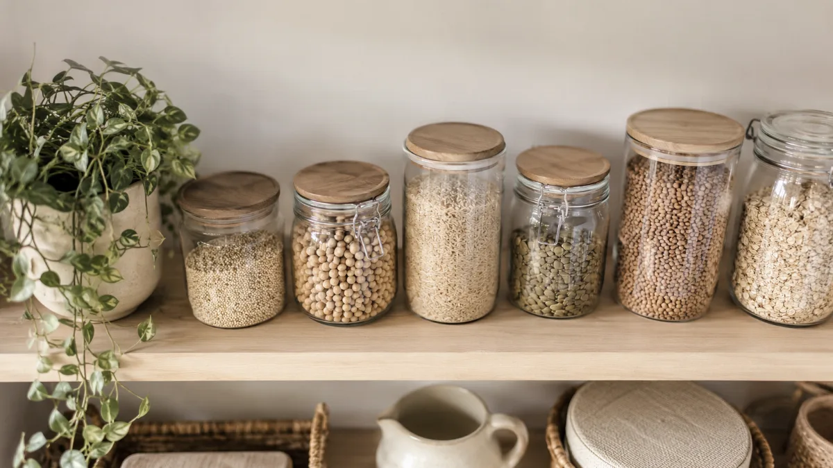 Minimalist pantry shelf with glass jars of staples