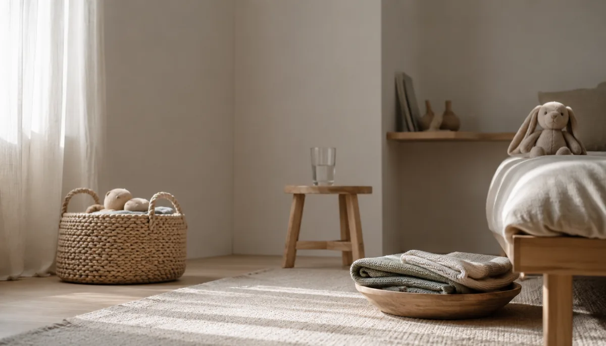 Simple child's room with folded blankets and a soft toy