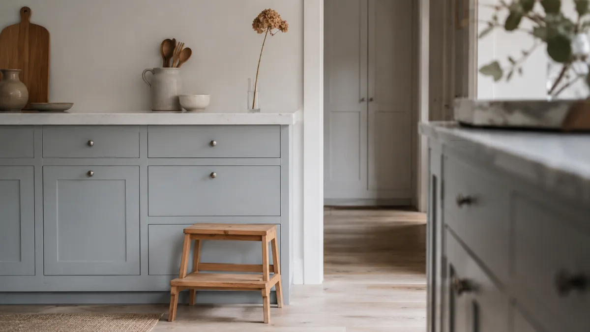 Calm family kitchen corner with a small step stool