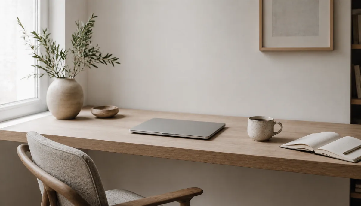 Clean desk with one closed laptop and a cup of coffee