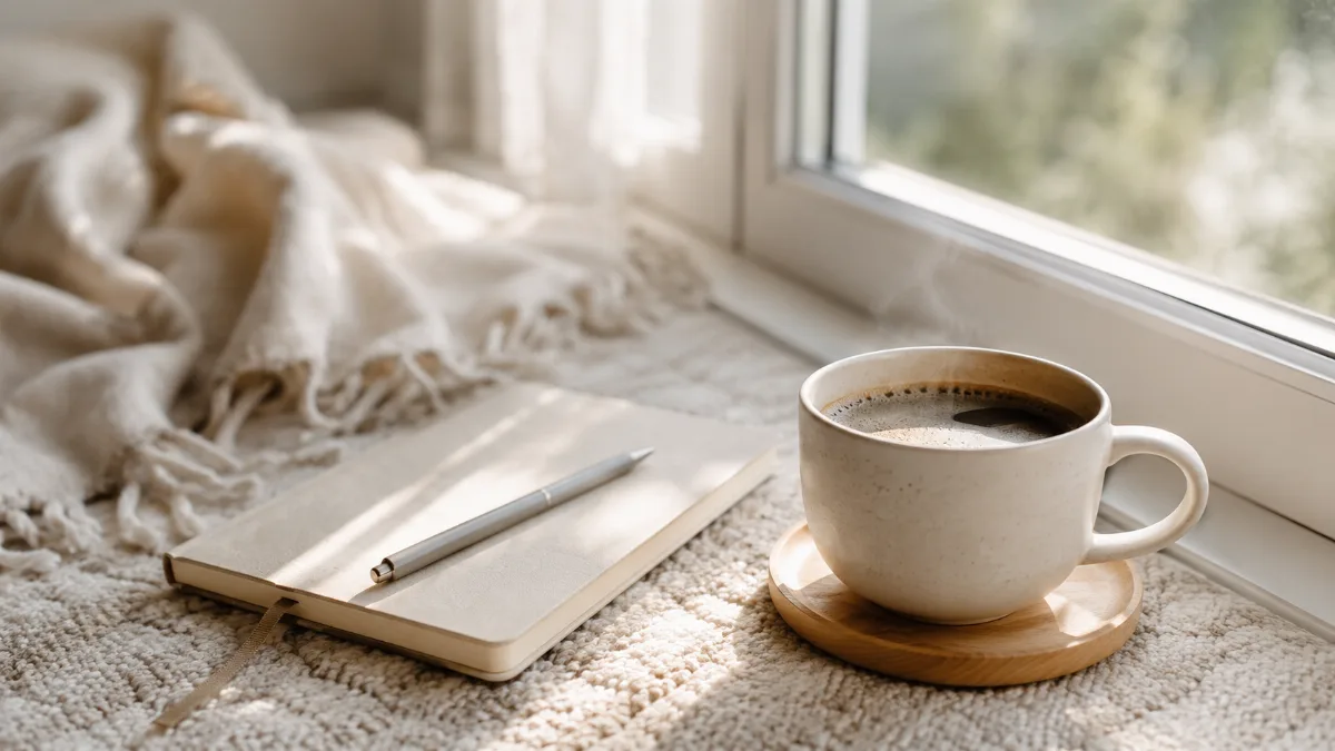 Bright morning scene with coffee and a notebook by a window