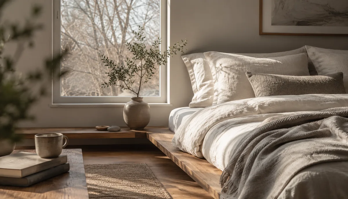 Low platform bed with crisp neutral sheets beside a bare window