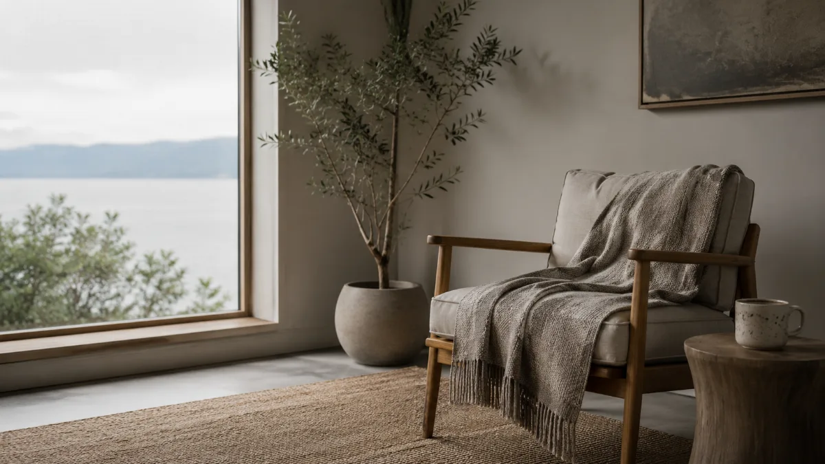 Minimalist seating corner with a single plant and a throw