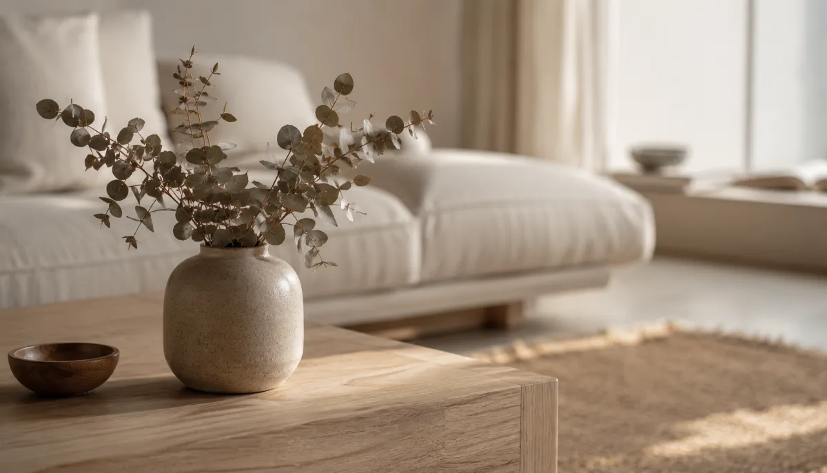 Calm, uncluttered living space with simple low furniture