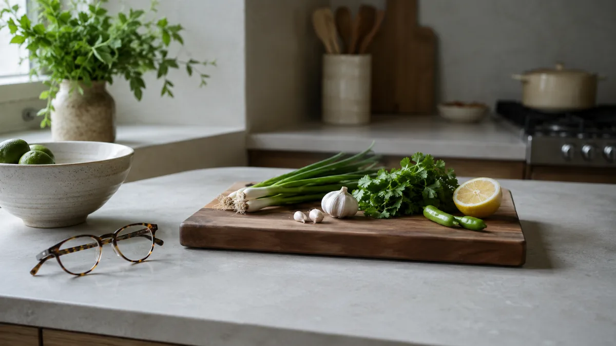 Simple kitchen counter with fresh ingredients and a wooden board
