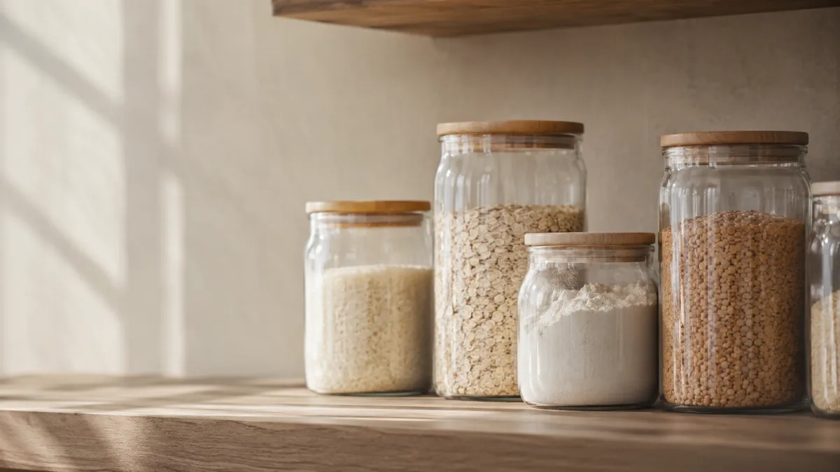 Minimalist pantry shelf with glass jars of staples