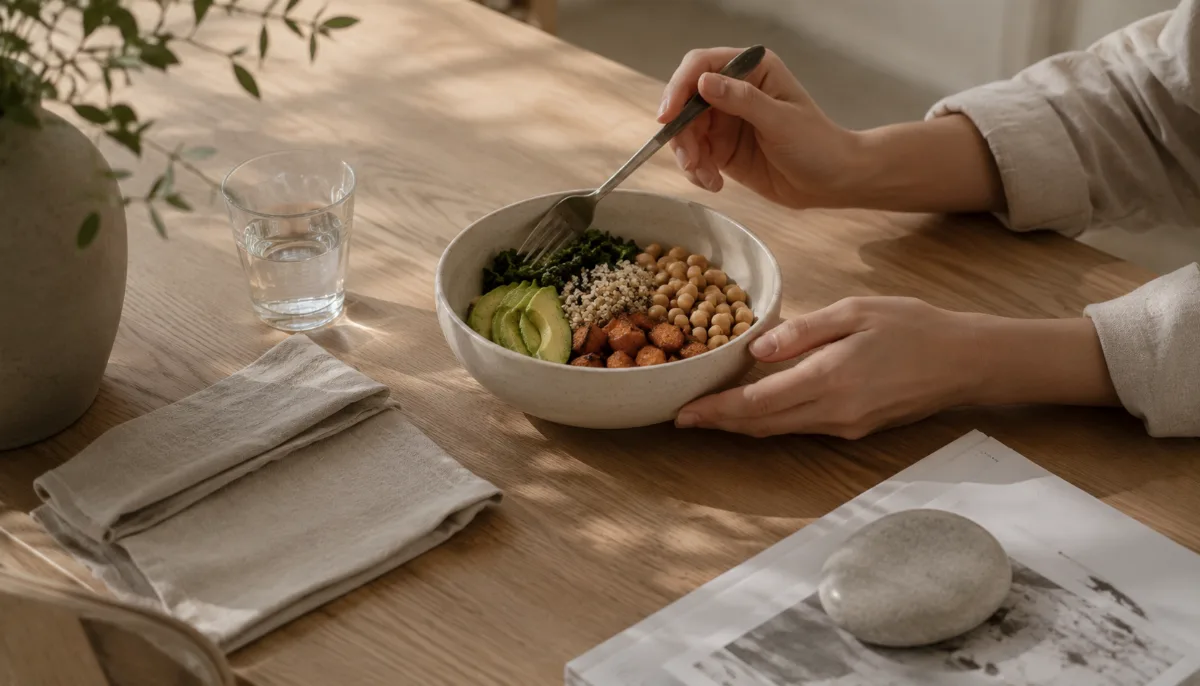 Minimalist table set with a single wholesome bowl