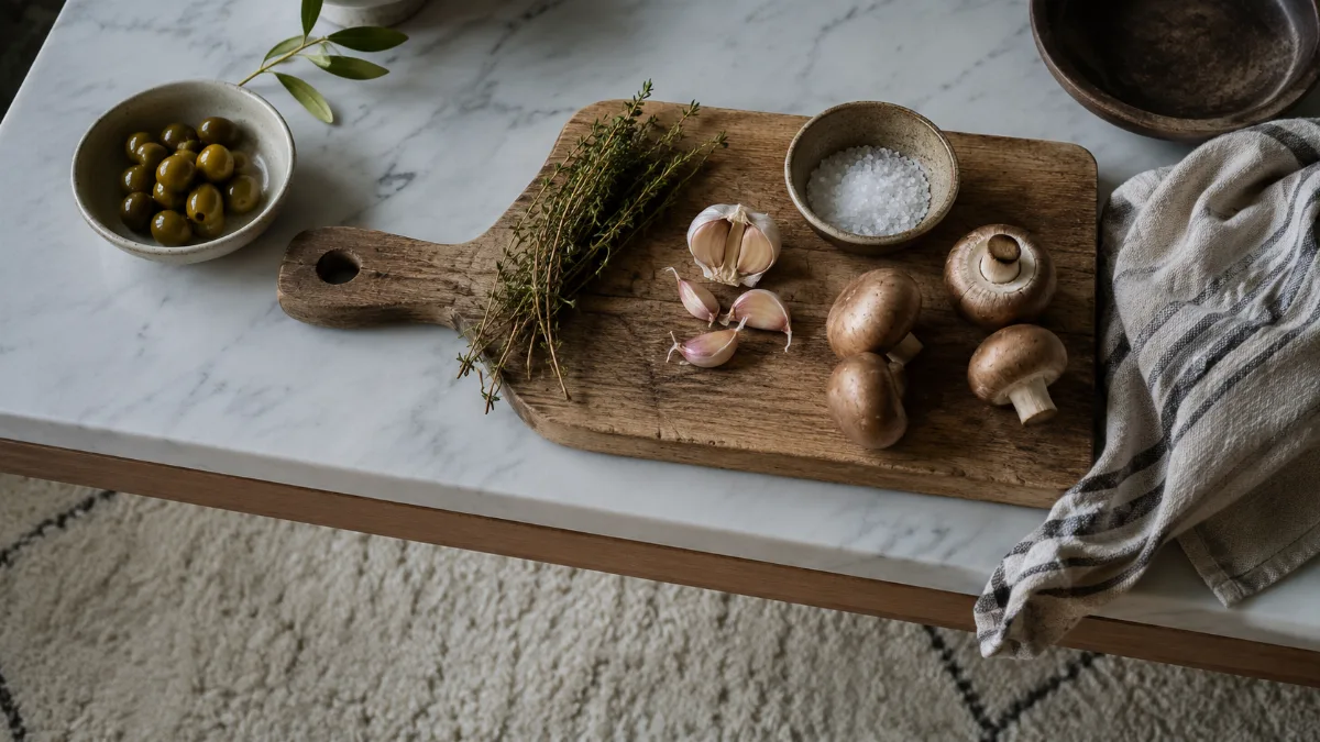 Calm kitchen counter with fresh simple ingredients on a wooden board
