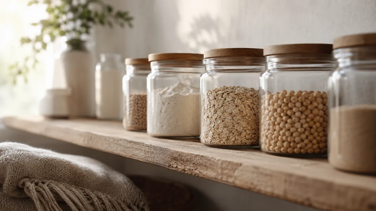 Minimalist pantry shelf with glass jars of staples