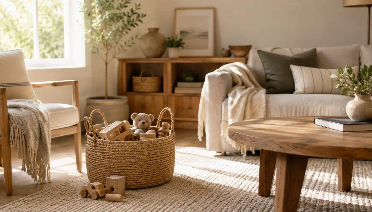 Tidy family room with a basket of wooden toys