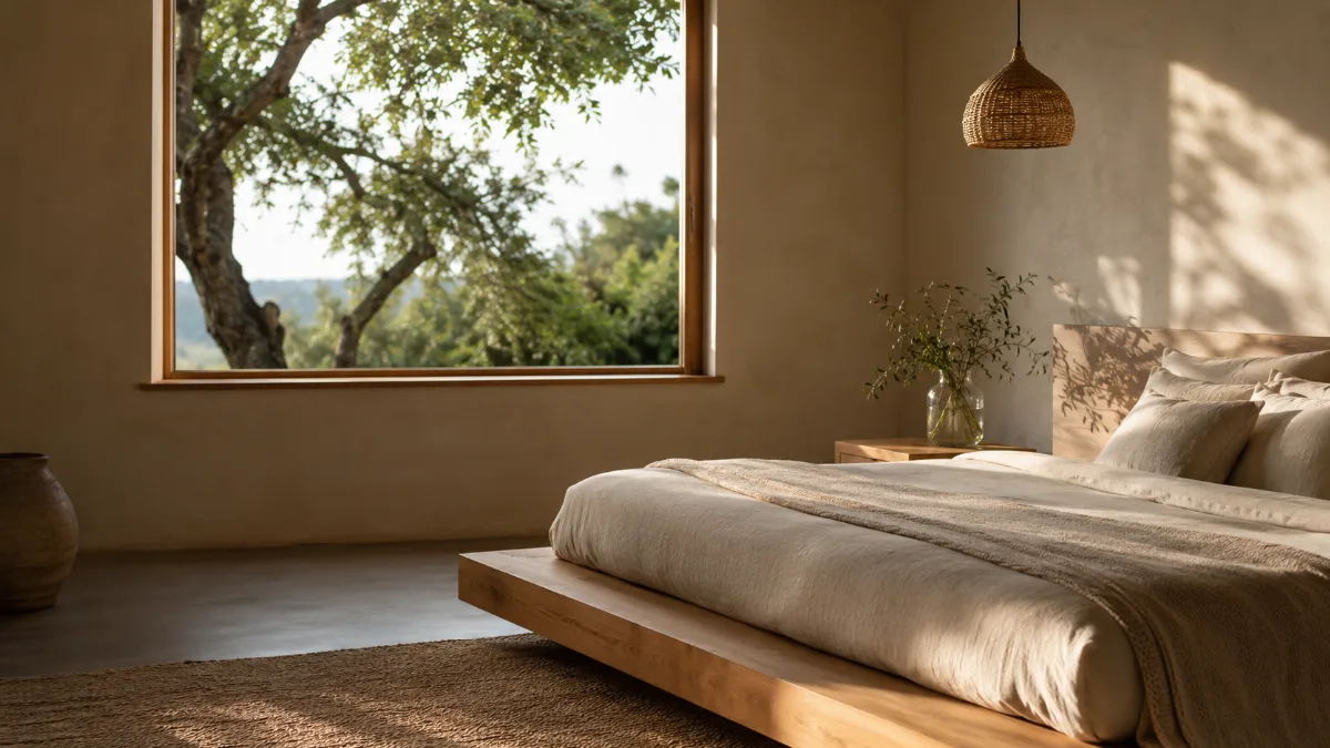 Low platform bed with crisp neutral sheets beside a bare window