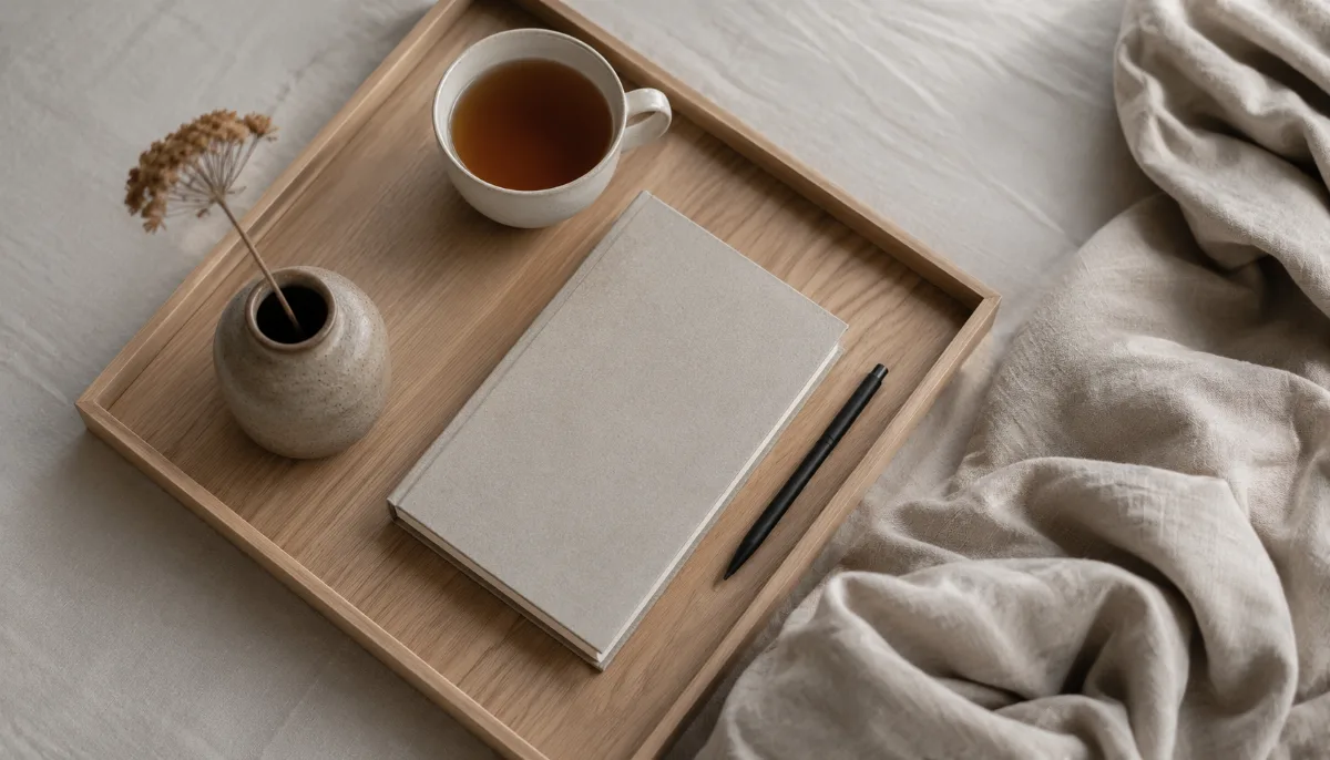 Simple morning tray with tea and a journal