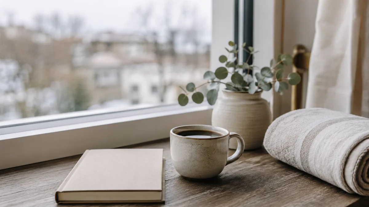 Bright morning scene with coffee and a notebook by a window