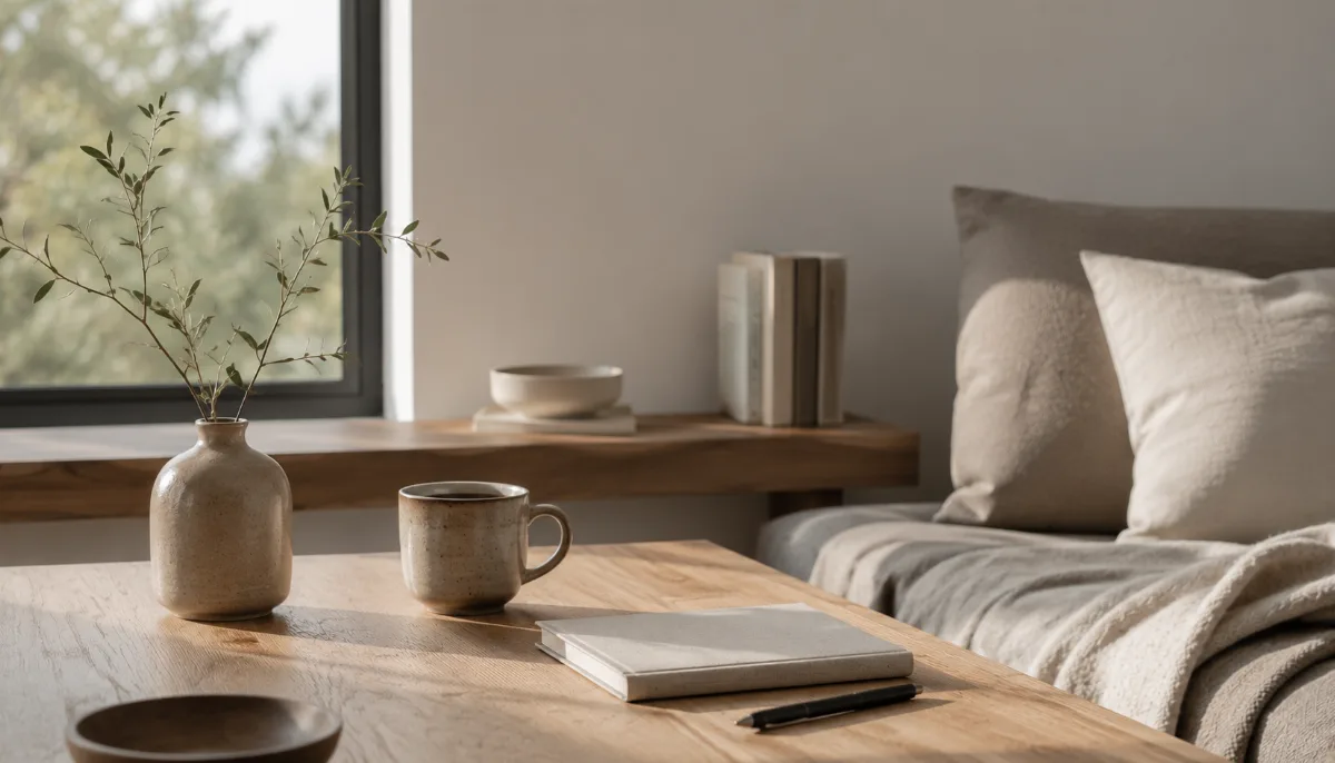 Calm minimalist interior with natural light and a few simple objects