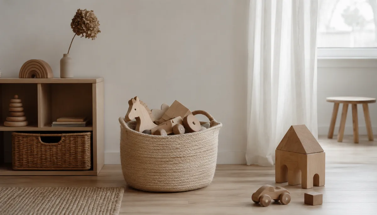 Tidy children's play corner with a few wooden toys in a soft basket