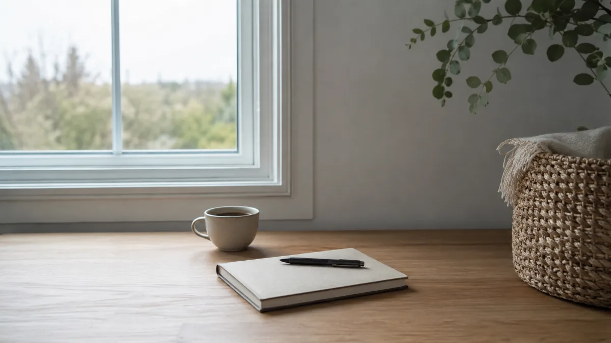 Clean wooden desk by a window with a notebook, pen and a cup of coffee