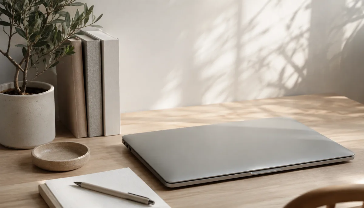 Tidy home-office corner with a laptop closed and a small plant