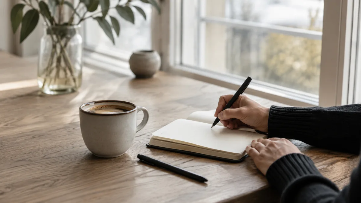 Bright morning scene with coffee and a notebook by a window