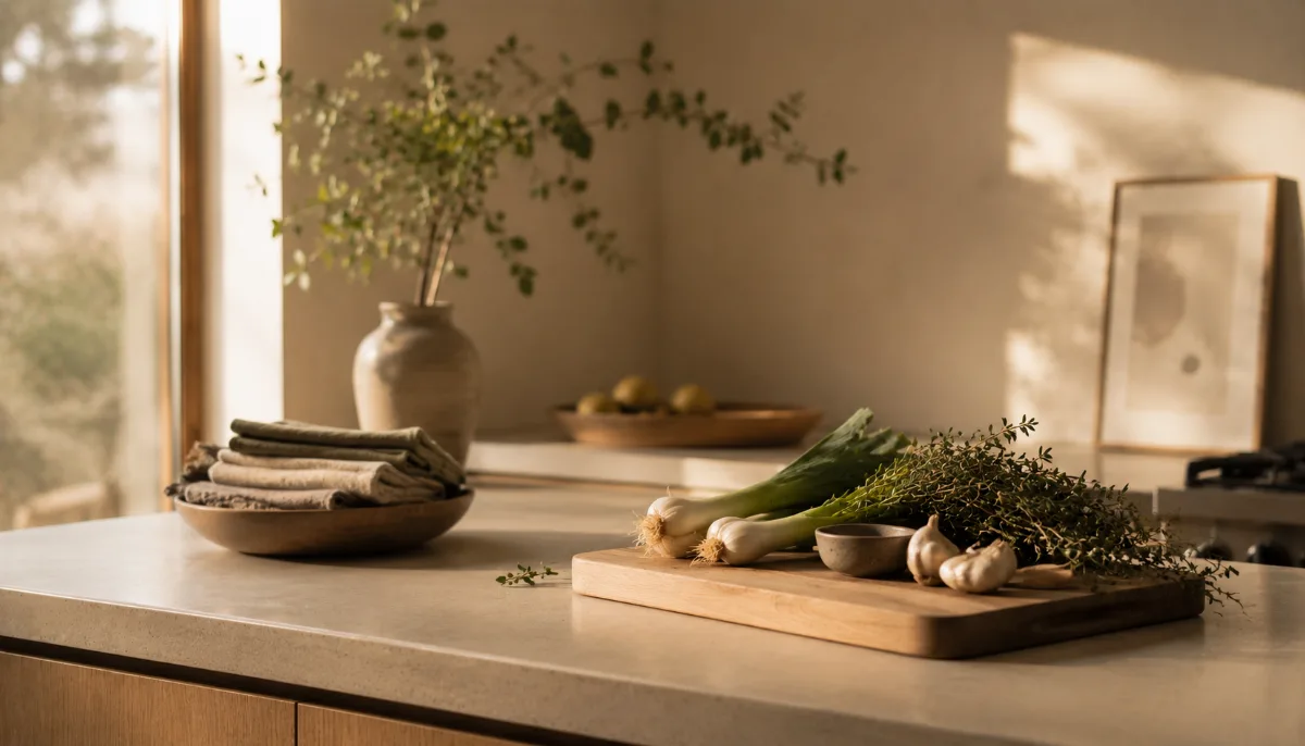 Calm kitchen counter with fresh simple ingredients on a wooden board