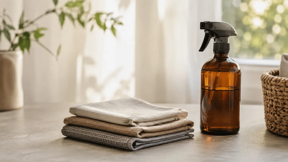 Neatly arranged cleaning cloths and a refillable spray bottle on a clean surface