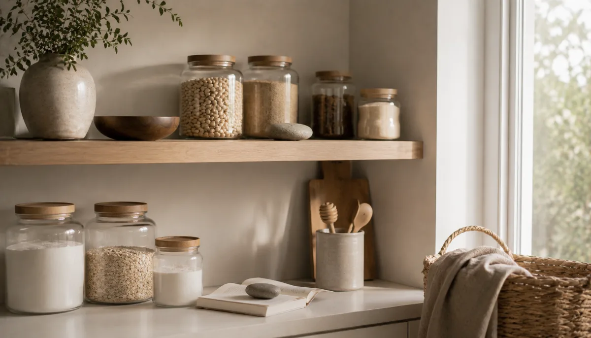 Glass jars of pantry staples on an open shelf