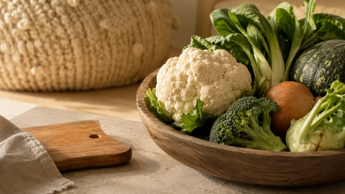 Wooden bowl of vegetables beside a chopping board