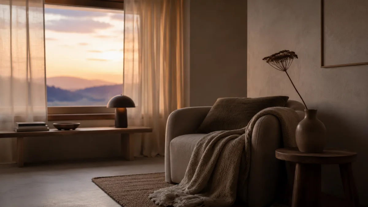 Calm evening corner with a blanket and low light
