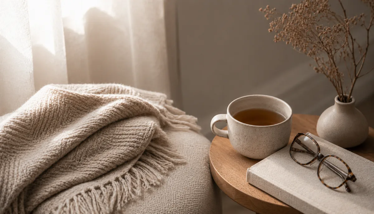Calm evening corner with tea and a folded blanket
