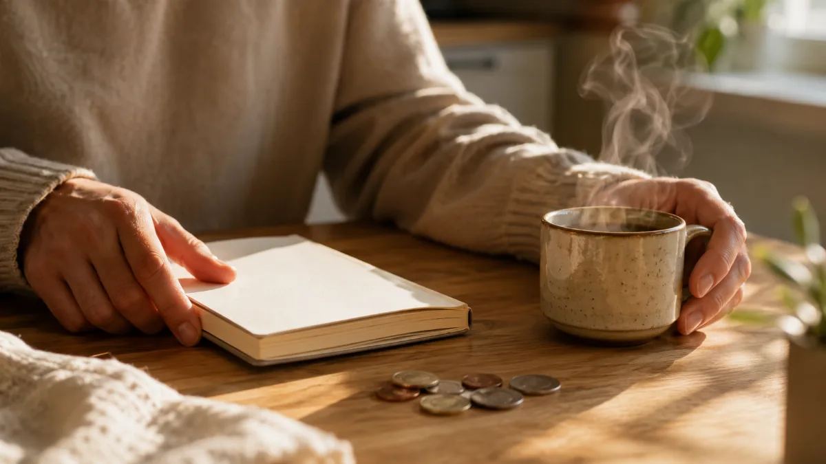 Kitchen table with a plain notebook, a few coins and a cup of coffee