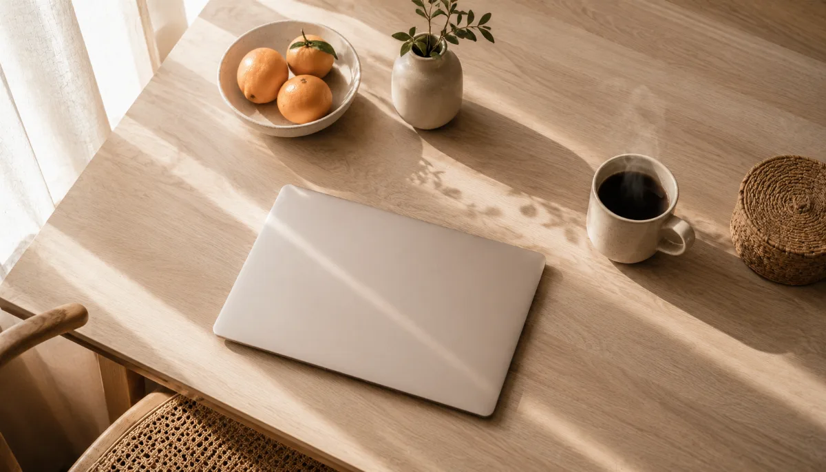Clean desk with one closed laptop and a cup of coffee