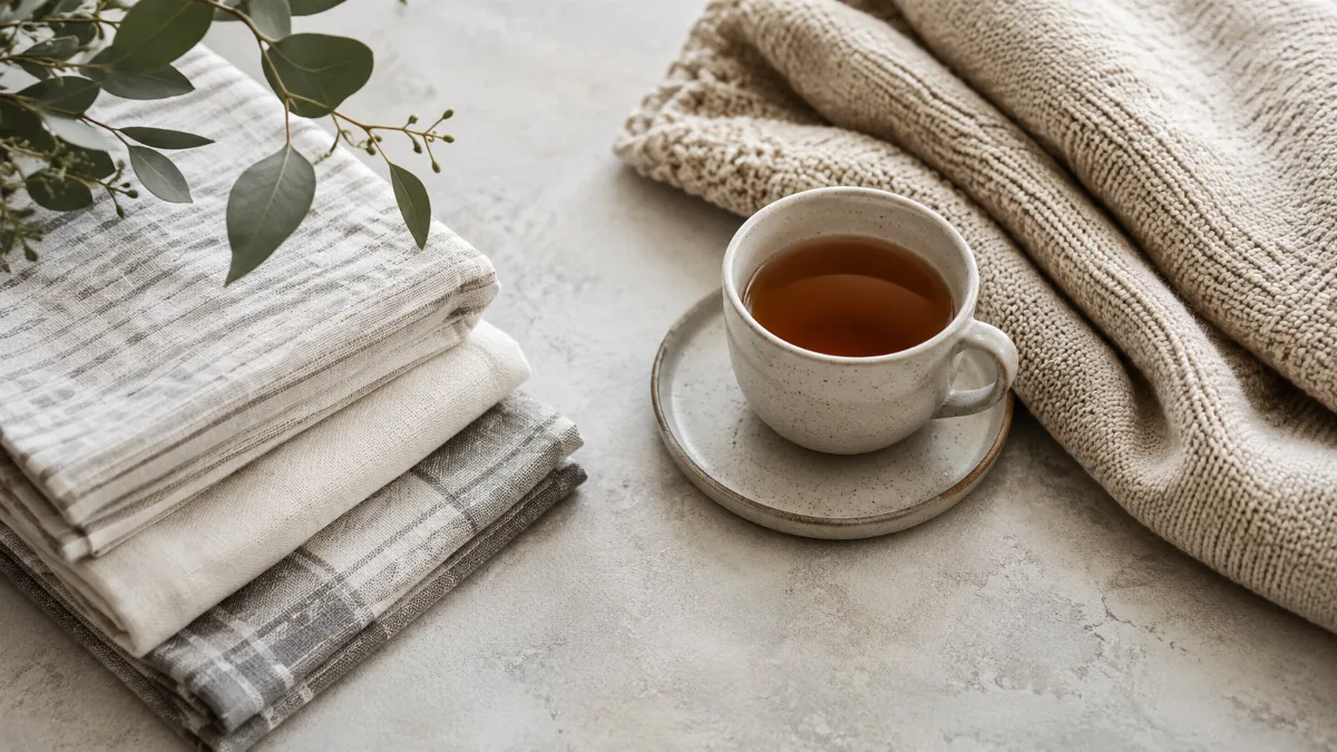 Calm evening corner with tea and a folded blanket