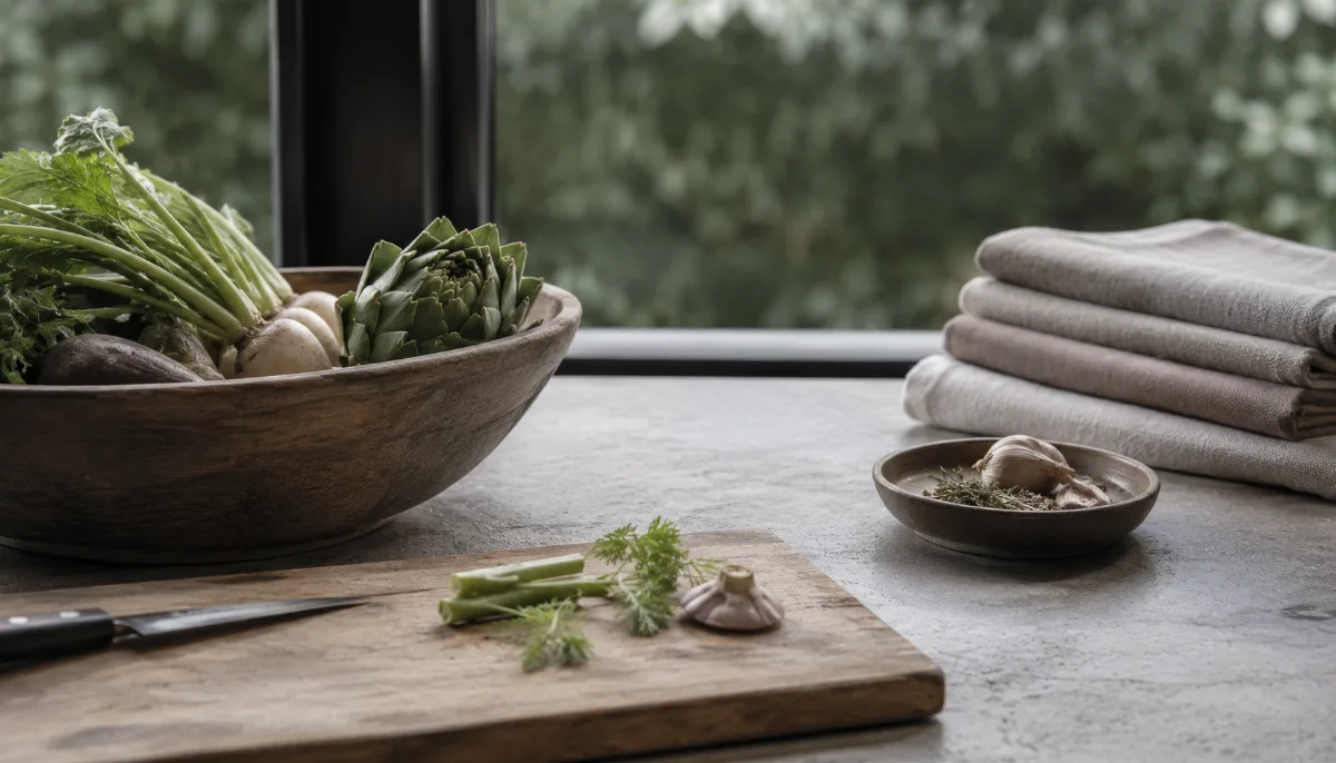 Wooden bowl of vegetables beside a chopping board