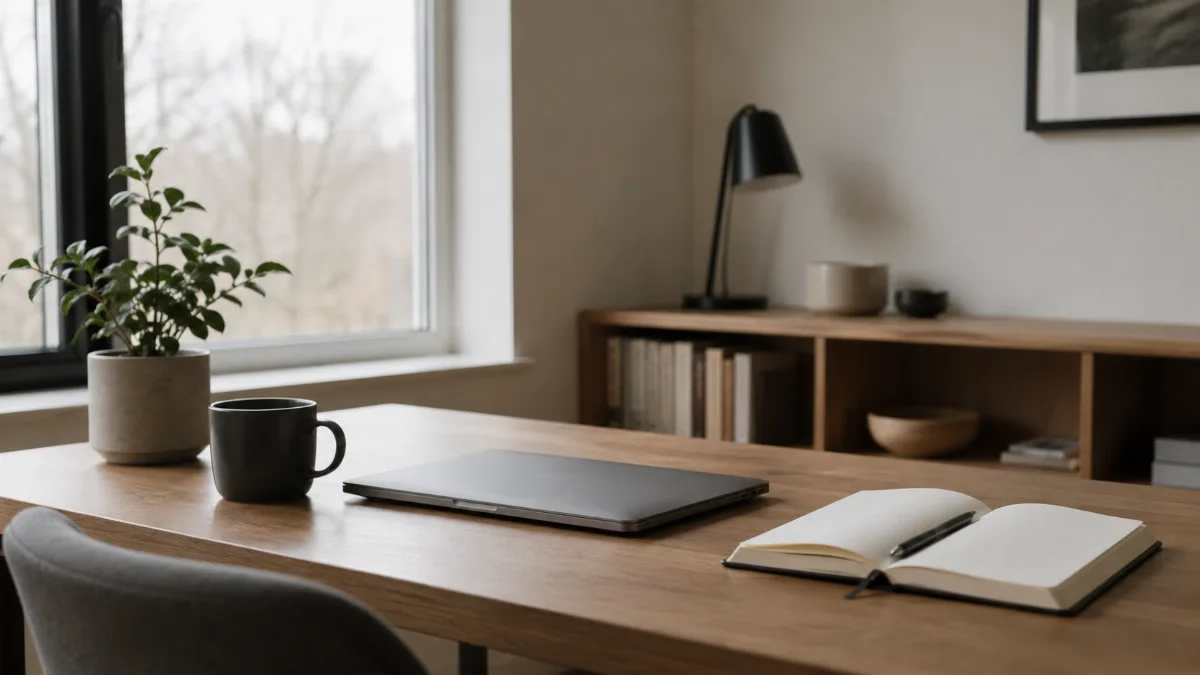 Tidy home-office corner with a laptop closed and a small plant