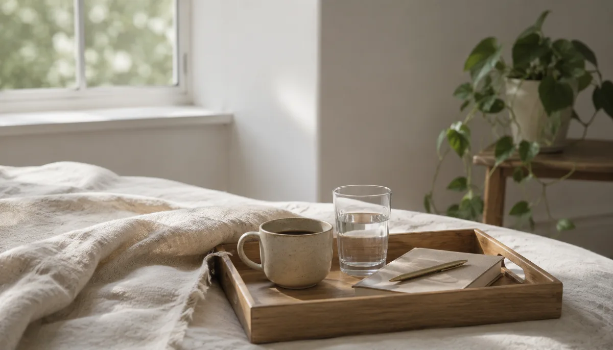 Simple morning tray with coffee, water and a small journal