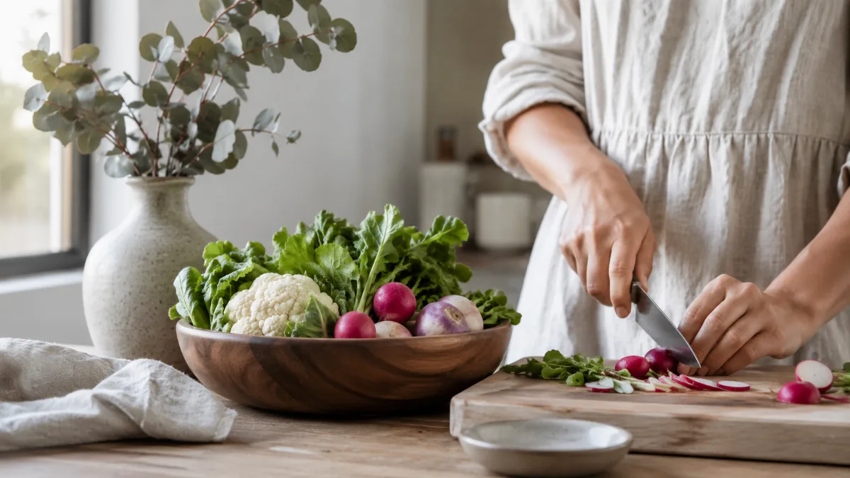 Wooden bowl of vegetables beside a chopping board
