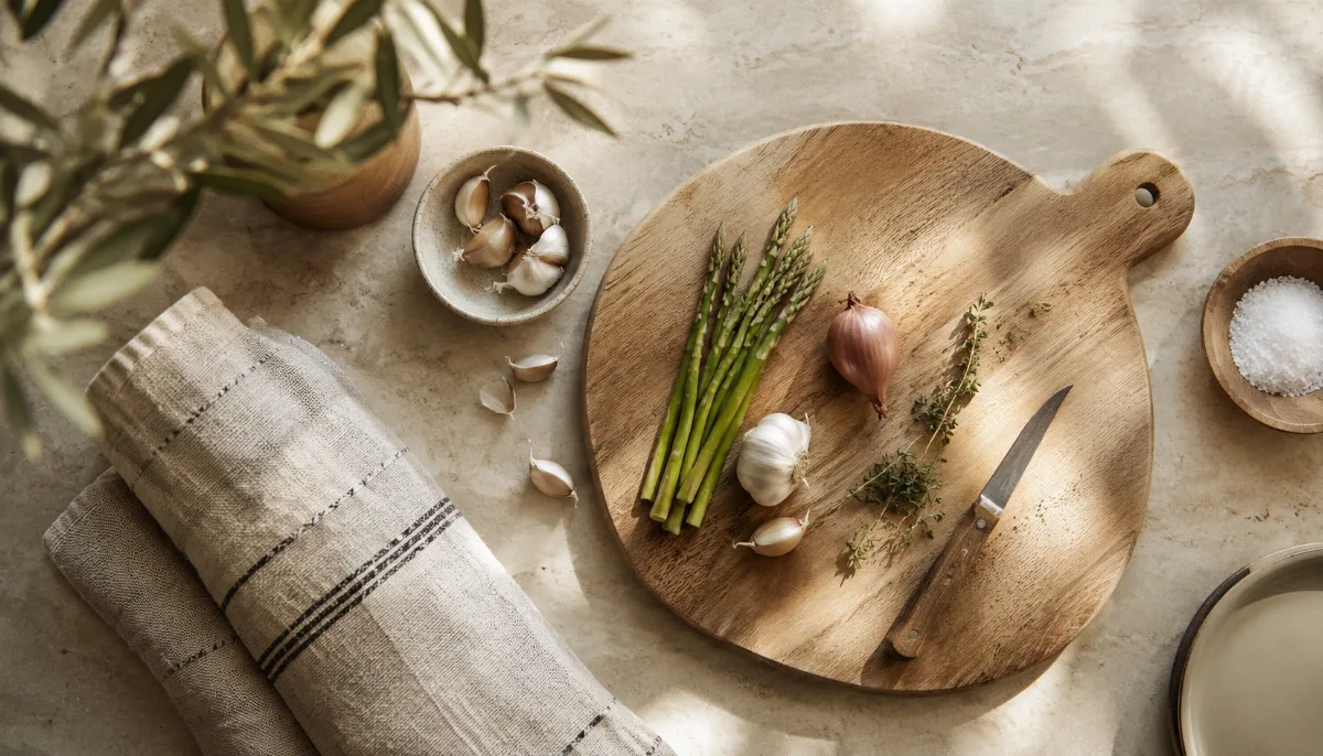 Calm kitchen counter with fresh simple ingredients on a wooden board
