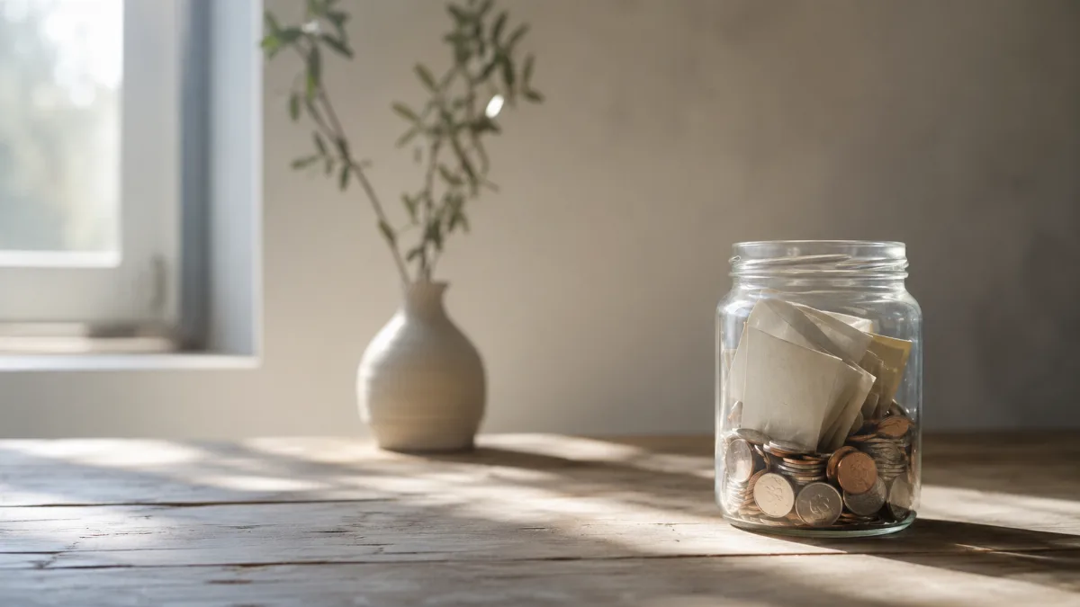 Glass jar holding folded notes and coins on a wooden surface
