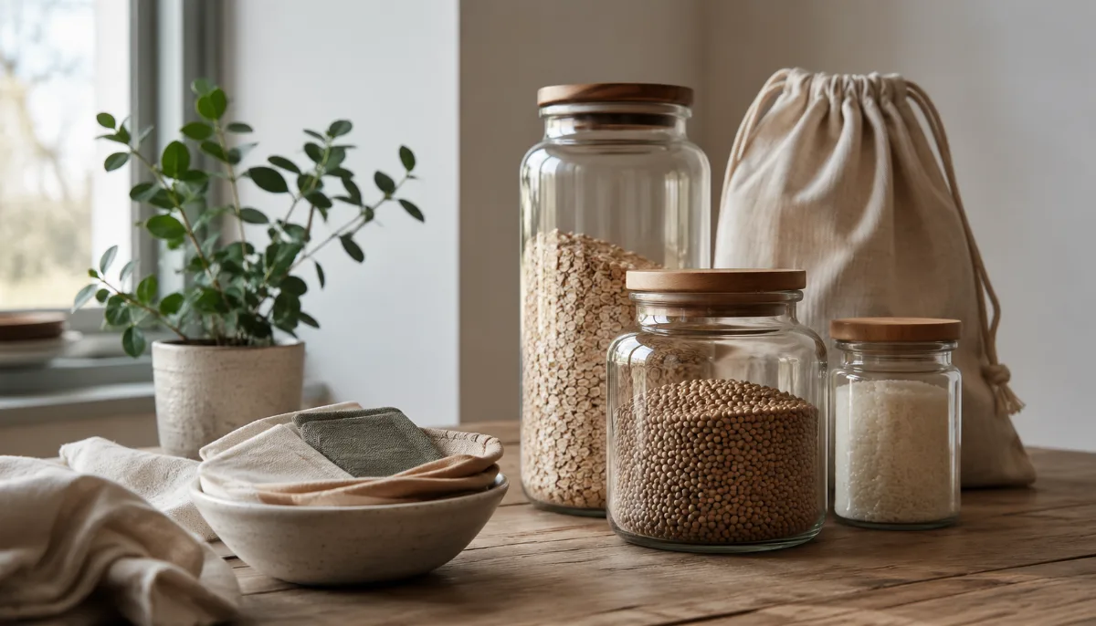 Reusable glass jars, a cloth bag and a small potted plant on a wooden surface
