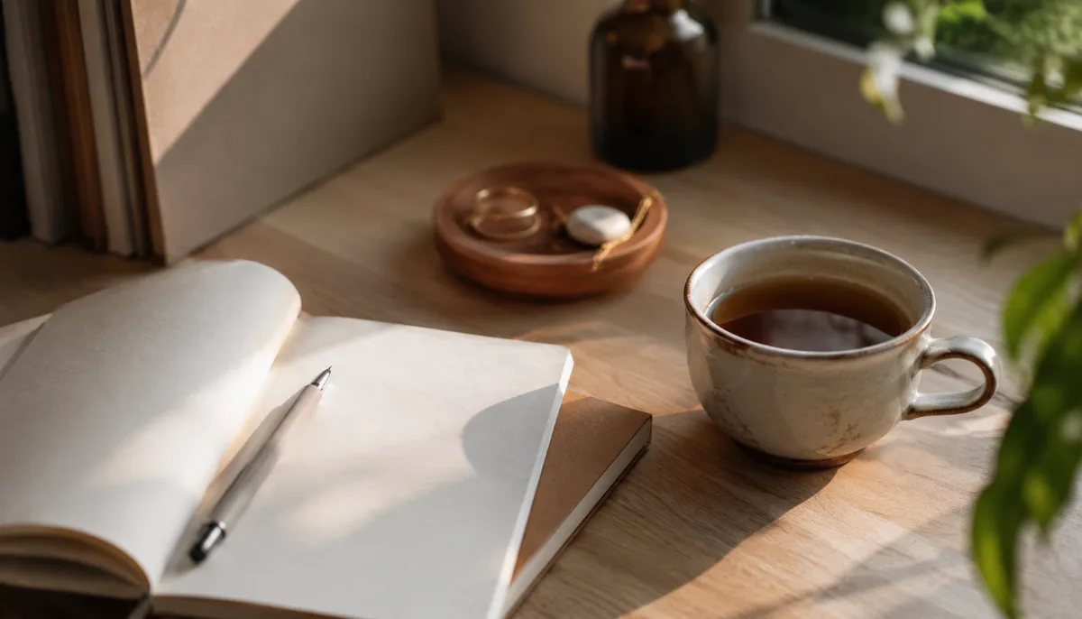 Tidy desk with a notebook and a cup of tea
