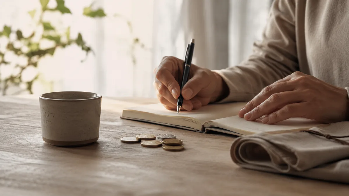Kitchen table with a plain notebook, coins and a coffee cup